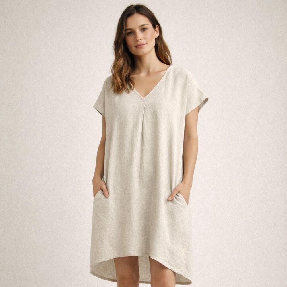 P Cill Linen Blend Beige Shift Dress Oversized Minimalist Small